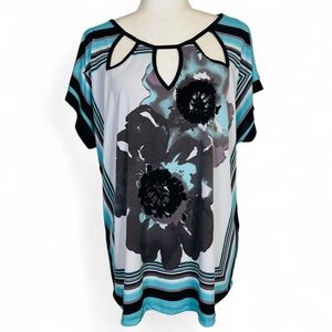 Y2K Lavish Plus Size 1X 2X Floral Blouse Top Black White Blue Neck Cutouts